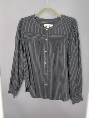 LOFT Charcoal Gray Pinstripe Band Collar Button Front Blouse Medium